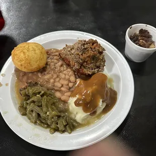 Meatloaf,green beans,pinto beans and mashed potatoes with gravy Mexican cornbread