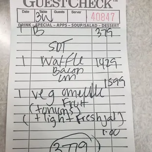 The bill. Two huge breakfasts, with a take home box with our toast and half my omelet.