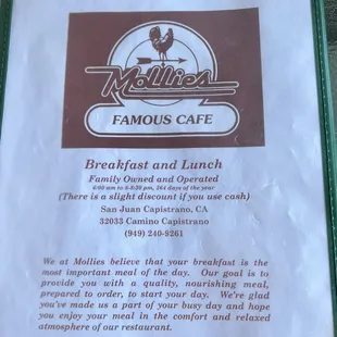 Mollies menu