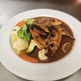 Chicken Marsala with dinner vegetables.