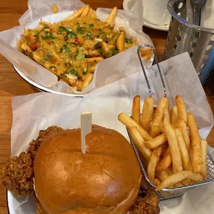 Fried chicken sando and loaded fries.