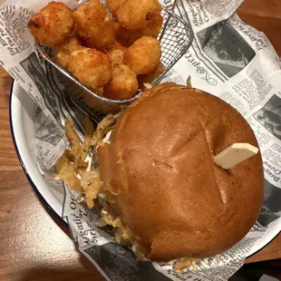 Oklahoma burger and seasoned tator tots