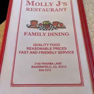 menu for family dining
