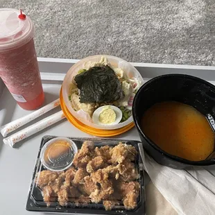 Nuggets, Chicken Ramen and Strawberry Smoothie (no sugar)