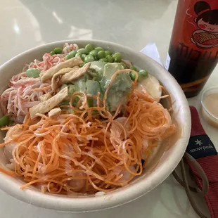 My build your own Poke bowl - with crab, shrimp, and eggs for my protein - I absolutely loved the carrot tendrils