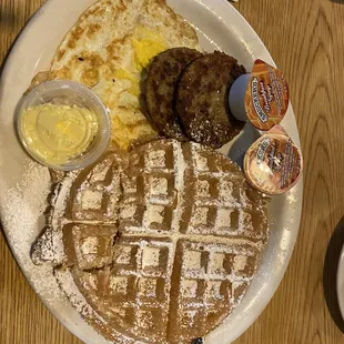 Waffle, egg and turkey sausage