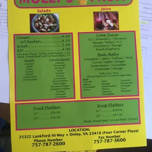menu and prices