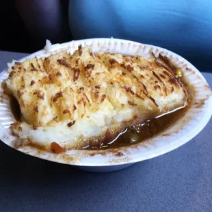 Shepard pie in a styrofoam bowl...