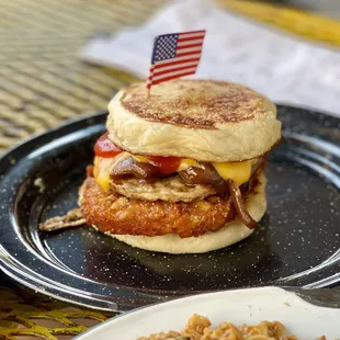 a chicken sandwich and macaroni and cheese