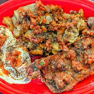 Salsa and Black Pepper on Steak and Eggs and Potatoes. Just the way I like it!