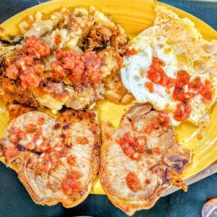 Pork Chops, Eggs over Easy, Potatoes, Sourdough Toast, and Coffee, is how I roll!