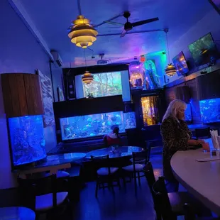 a woman sitting at a table in front of a fish tank