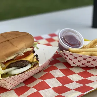 a cheeseburger and fries