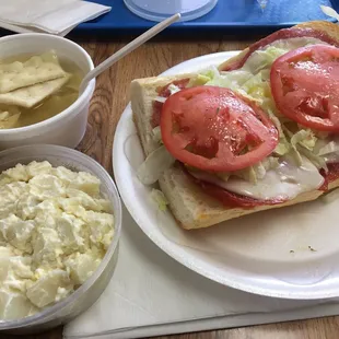 Italian sandwich, potato salad &amp; chicken noodle soup
