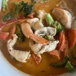 Panang Curry. Slightly sweet, aromatic. With shrimp and chicken.