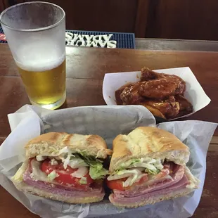 Italian sub, wings, and a cold beer