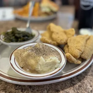Fried Catfish Greens and Mashed Potatoes n gravy