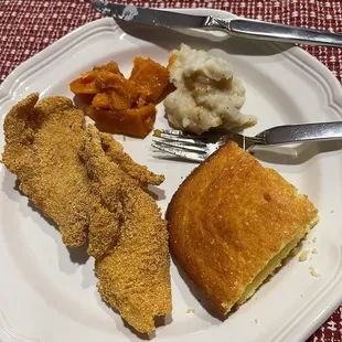 Catfish, cornbread, yams, mashed potatoes and gravy-delicious