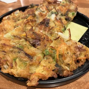 Seafood and Green Onion Pancakes $22 - crispy, large portion