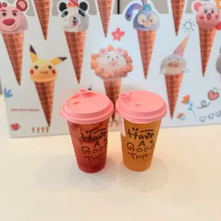 Strawberry lemonade with heart shaped jelly, mango lemonade with mango jelly.