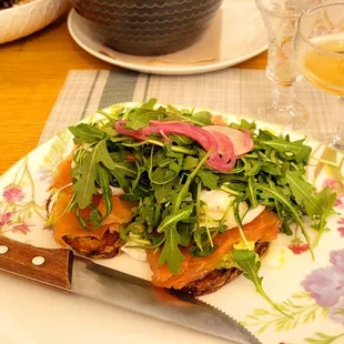 House Cured Salmon Toast at $20, plus added two poached organic eggs at $6