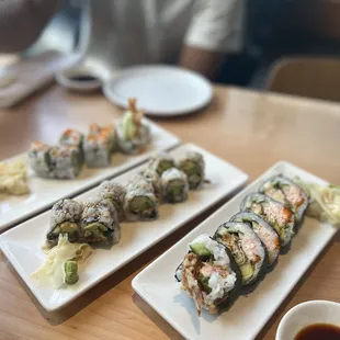 Left to Right:  Shrimp Tempura Roll Unagi Roll Salmon Skin Roll