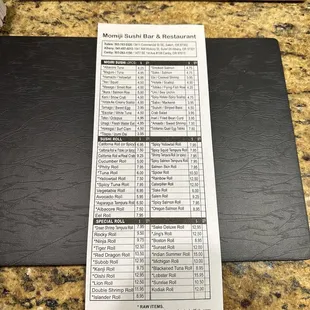 Itemized menu with pricing