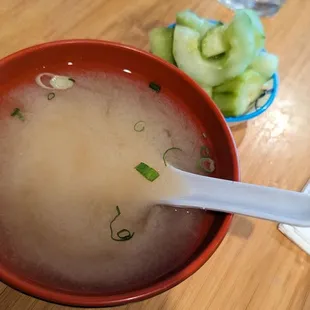 Lunch specials come with miso soup and marinated cucumber