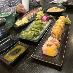 Momiji roll, Vegetable Gyoza and Tuna Princess Roll. (Saki, naturally)
