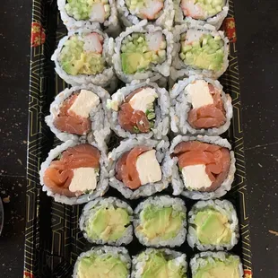 Top to bottom: Cali roll, Philly roll, avo roll