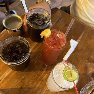 Iced Coffees, cucumber cooler, and Bloody Mary cocktails.
