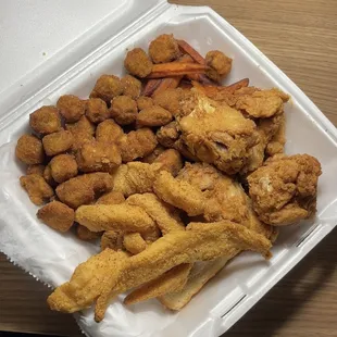 Fried okra, sweet potato fries, fried fish and fried chicken.