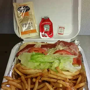Italian hoagie &amp; fries. Comes with Italian dressing, ketchup &amp; salt.