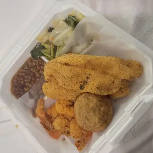 #5 catfish &amp; shrimp/ cabbage and an extra side baked beans, banana corn muffin
