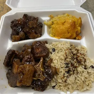 Oxtail, Mac and cheese and coconut rice and peas