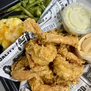 Crispy shrimp with four cheese MAC &amp; cheese and garlic green beans.