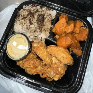 Aunt Dee Dee's Fried chicken with candied yams and beans/rice