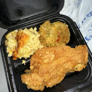 Catfish with mac and cheese and dressing