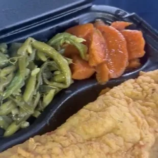 Country Fried Catfish with garlic butter green beans and the famous candied yams!