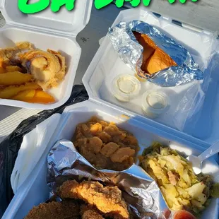 Catfish, Southern Fried Cabbage, Candied Yams, 2 rolls &amp; Peach Cobbler