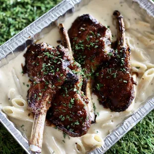 lamb chops and noodles