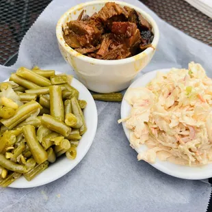 Burnt Ends with green beans and slaw.