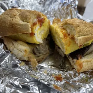 Italian sausage, Egg &amp; Pepper Jack Cheese on a Roll.