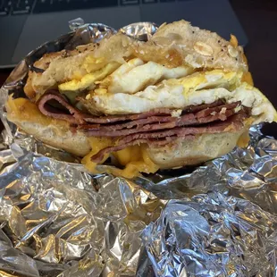 Turkey bacon, egg &amp; cheese on everything bagel