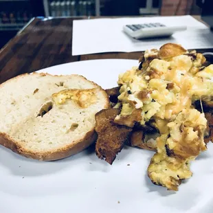 Bacon egg an cheese on an everything New York bagel