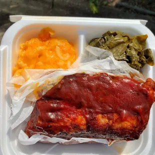 Bbq ribs, Mac and cheese and collard greens