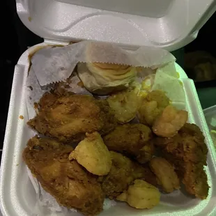 Shrimp and wingettes with candied yams &amp; max-n-cheese