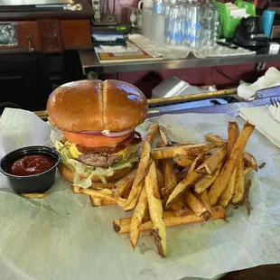 Burger and fresh cut fries.