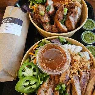 bbq lemongrass chicken vermicelli bowl $14.95..fried chicken rice bowl $14.95..banh mi $12.95..tasty green sauce..iced coffee $5.95