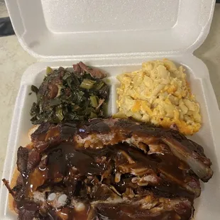 a meal in a styrofoam container